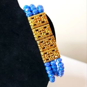 Handcrafted Blue Beaded Gold Tone Elastic Bracelet